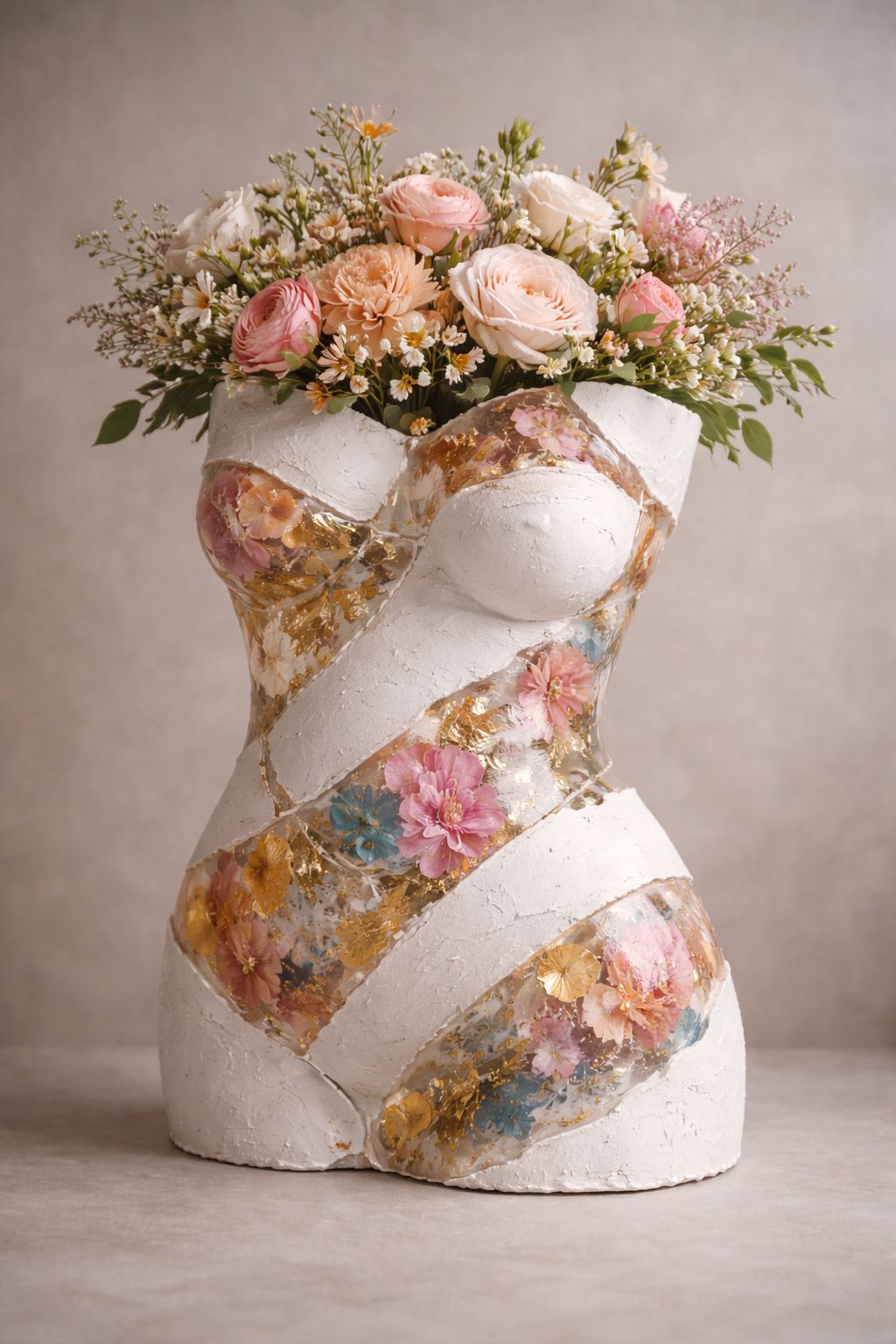 Torso florero con flores prensadas en resina en tonos pastel y un ramo natural encima