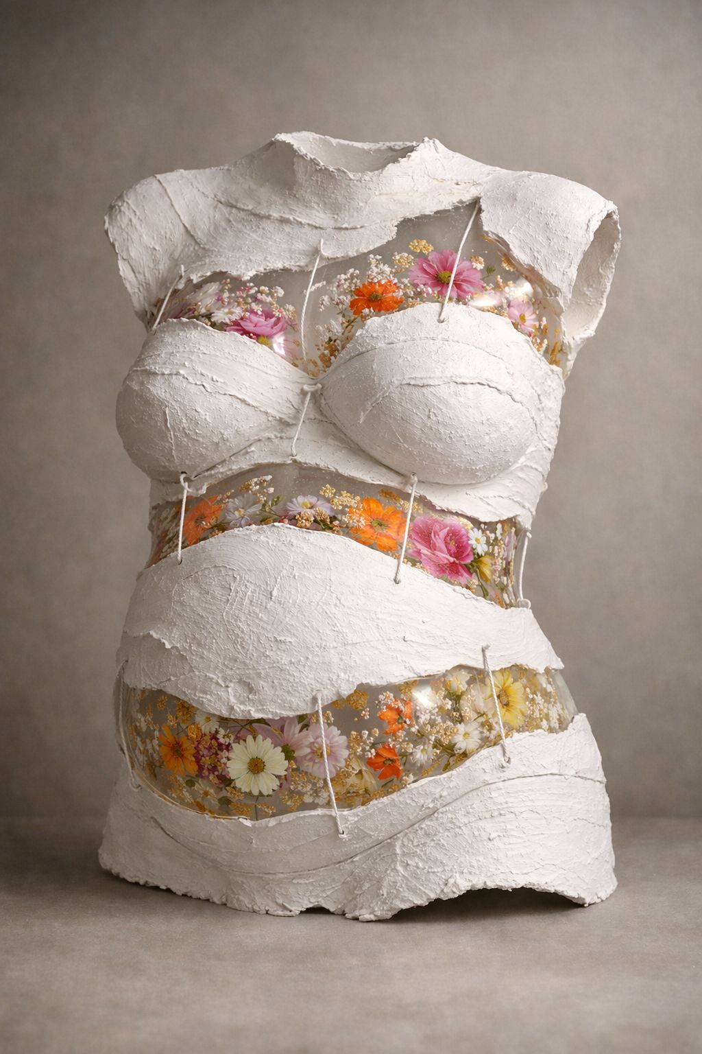 Torso de escayola en bandas cosidas con hilo, dejando ver flores prensadas en resina