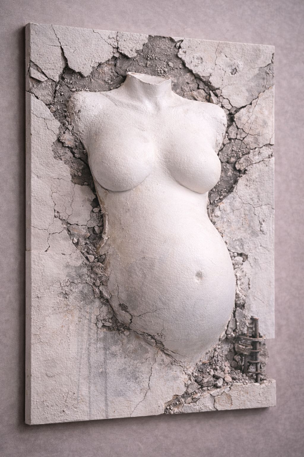 Medio molde blanco montado sobre lienzo con textura de piedra agrietada