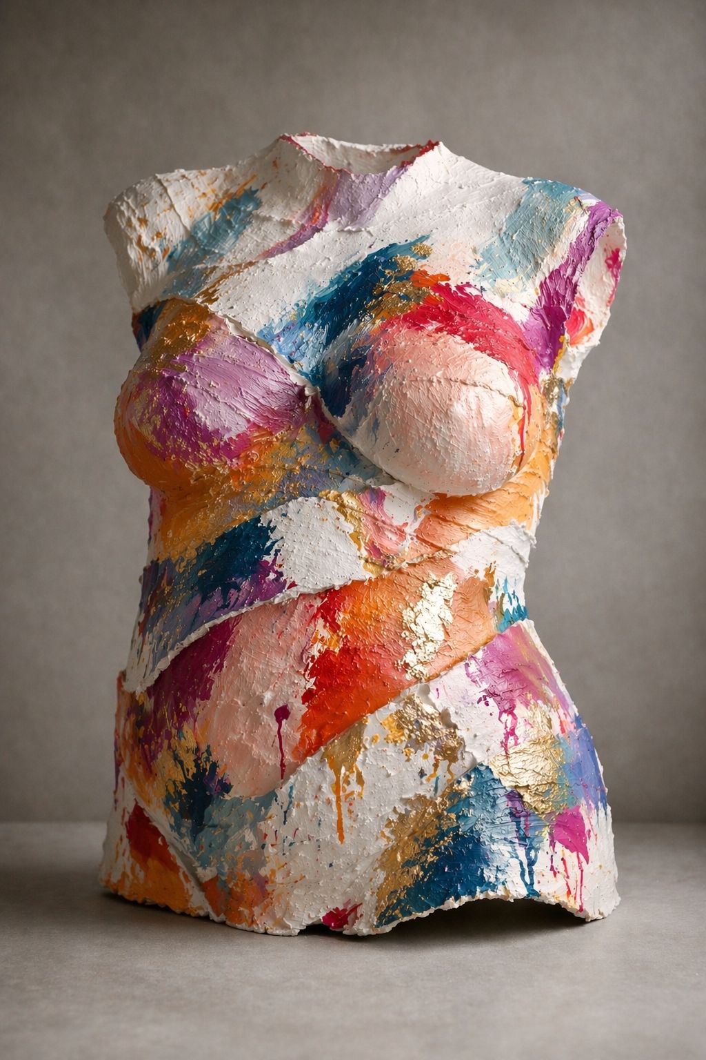 Torso de escayola pintado al óleo en franjas de color con pan de oro