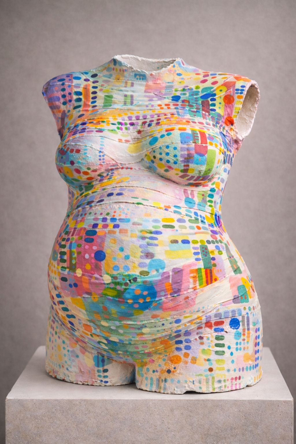 Torso de escayola cubierto de puntos y trazos de colores pintados a mano