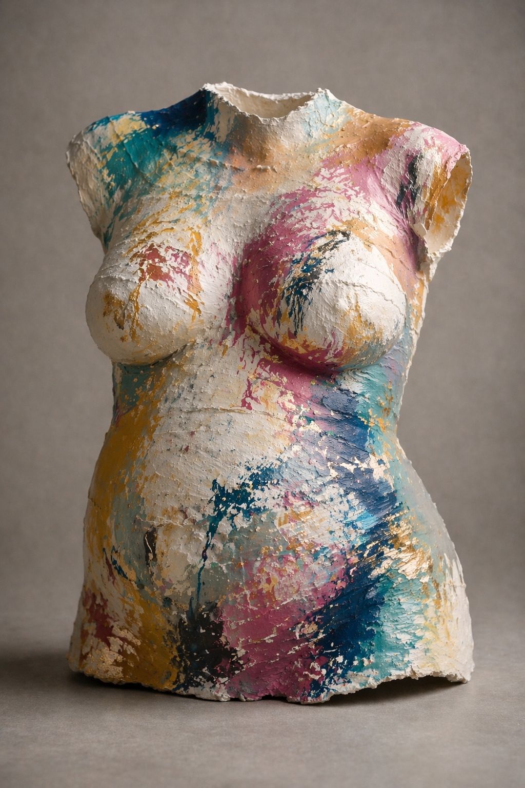 Torso de escayola salpicado de azul, rosa y dorado sobre blanco