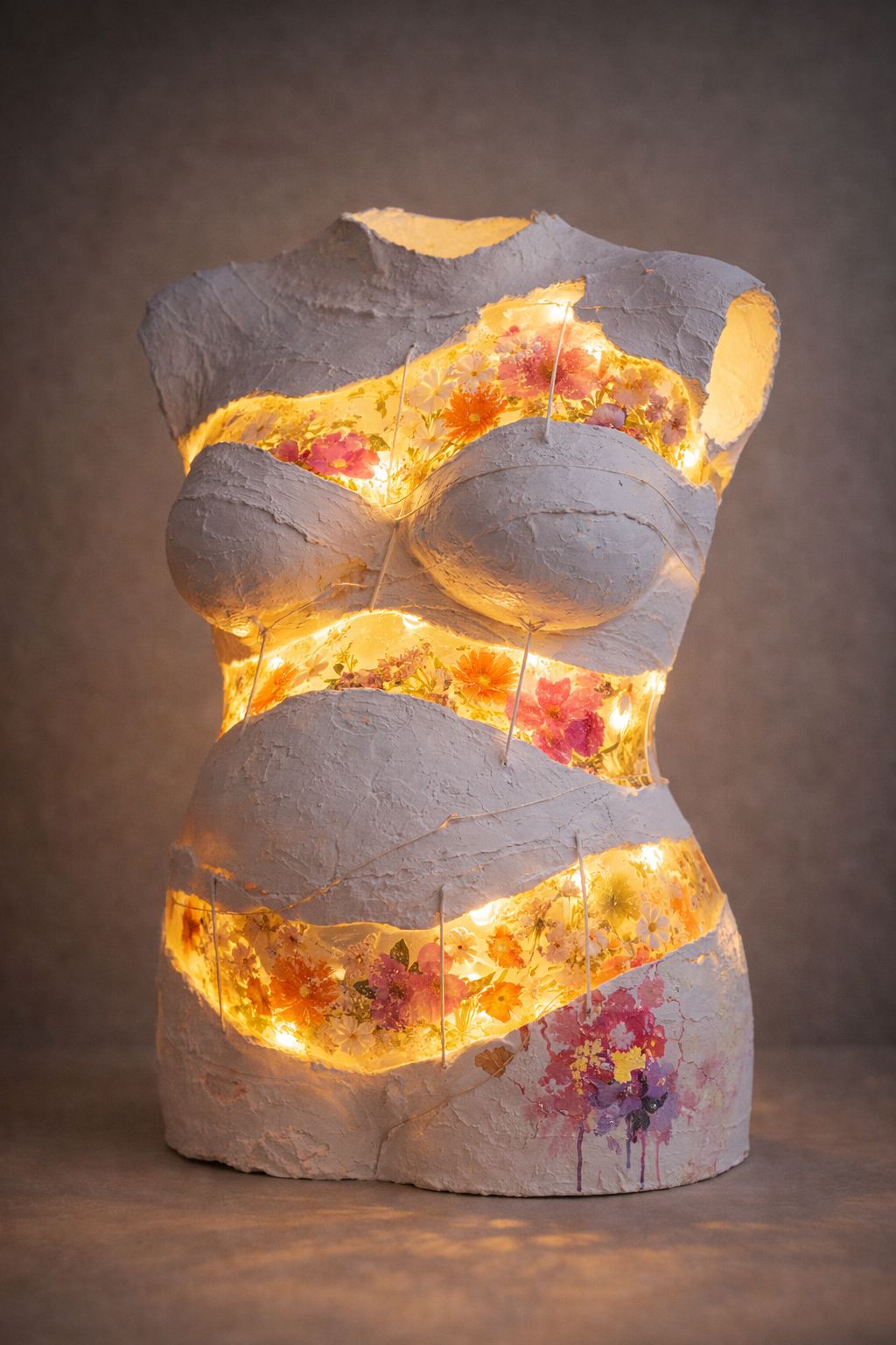 Torso lámpara iluminado con flores prensadas