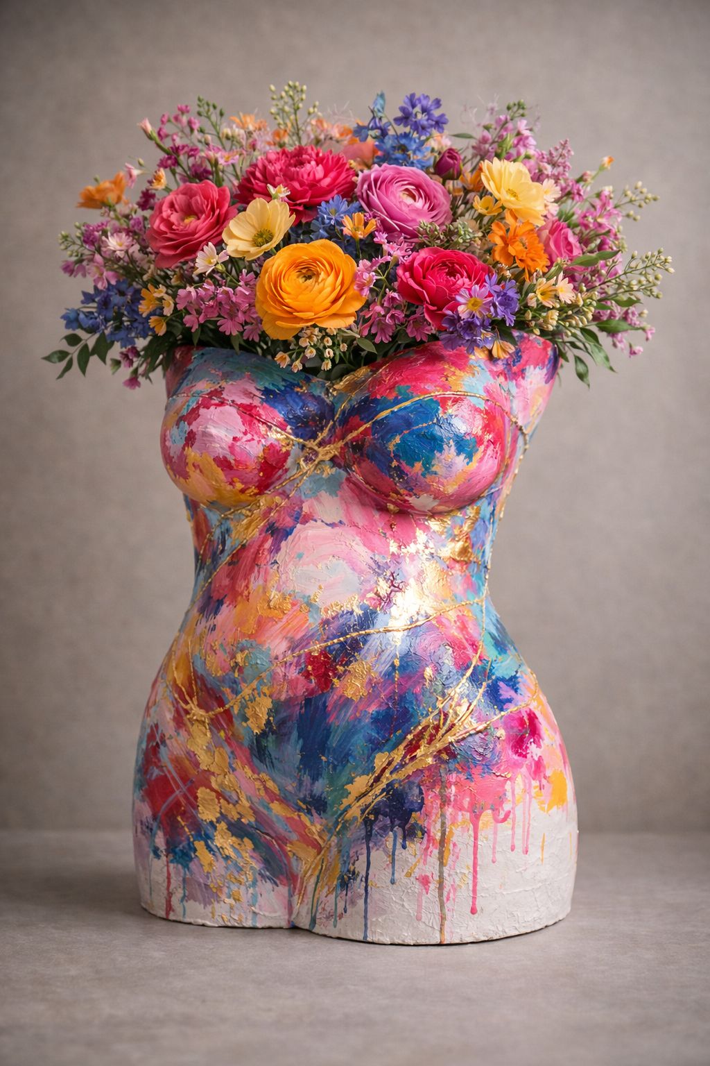 Torso decorativo pintado a mano con flores naturales